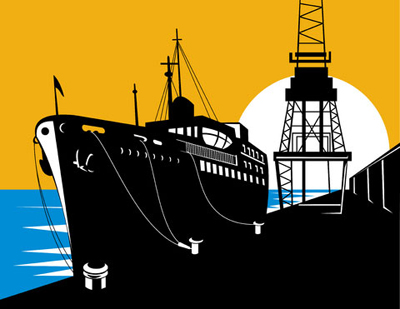 cargo shipped docked at port next to a crane