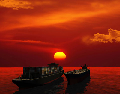 an ocean container ship full of cargo sails next to another cargo transport ship